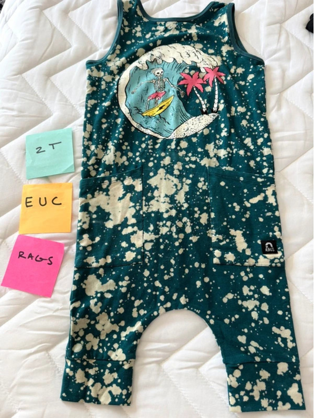 Rags acid wash skelly surfer blue romper 2t